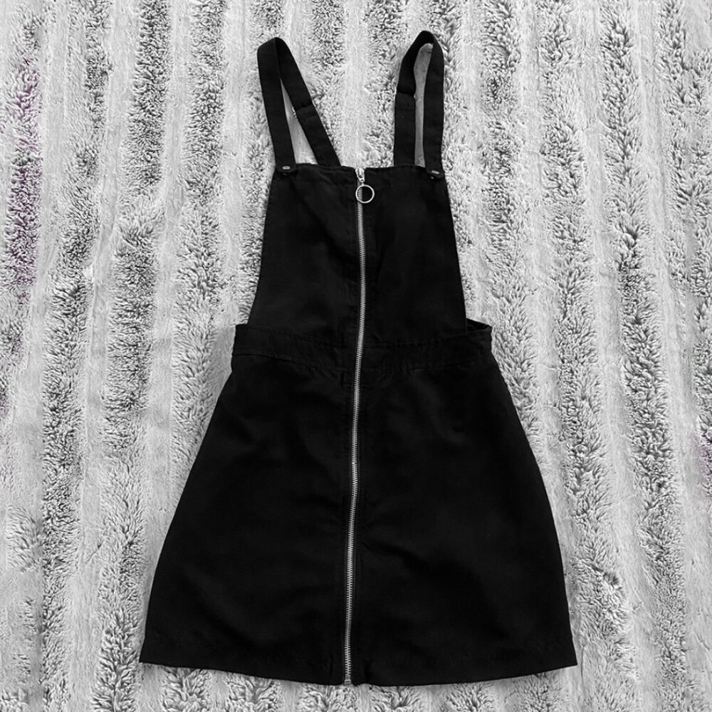 H&M Black Faux Suede Zipper Overalls A-Line Dress Skirt with Adjustable Straps